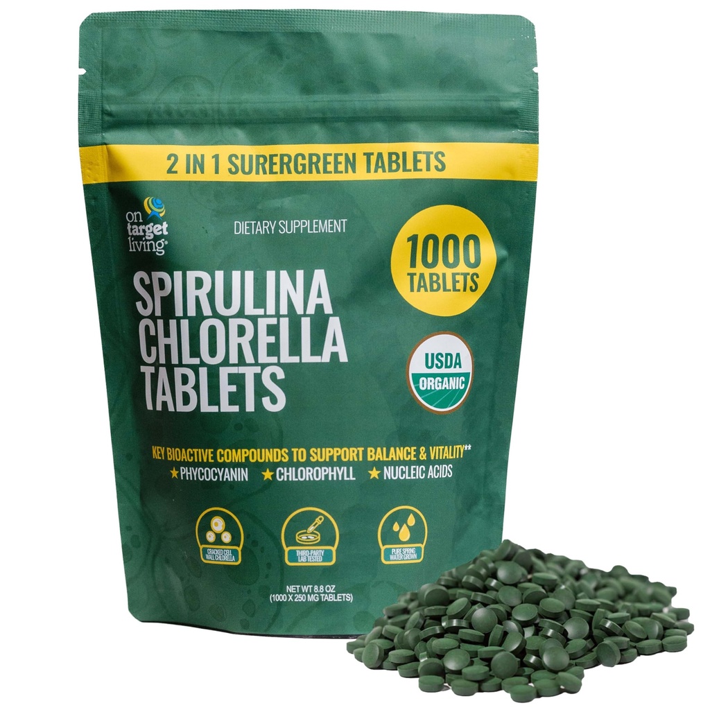 Sur la cible vivant Spiruline biologique Chlorella , Supergreens , USDA Organic , 1000 comprimés - 250 G (8,8 oz) , Vegan , Immmune Support , Alcalyzing , Nutrient Sense , Protéines