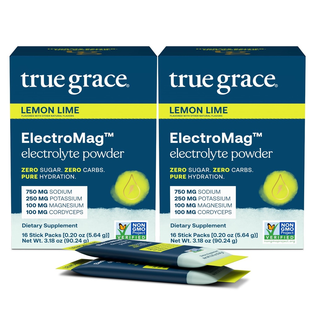 True Grace ElectroMag - 16 Stick Packs (Pack von 2) - Lemon Lime - Elektrolyt-Pulver für schnelle Hydration - Natrium, Kalium, Magnesium & Cordyceps - Zero Sugar & Carbs - Non-GMO - 32 Total Servings