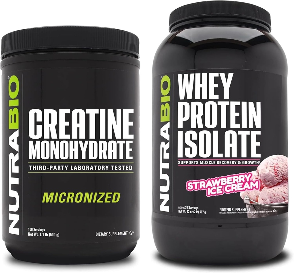 NutraBio Creatine Monohydrate, Unflavored, 500g und Whey Protein Isolate, Erdbeere Ice Cream, Supplement Bundle - Muskelenergie, Lean Muskelwachstum, Erholung und Stärke