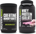 NutraBio Creatine Monohydrate, Unflavored, 500g und Whey Protein Isolate, Erdbeere Ice Cream, Supplement Bundle - Muskelenergie, Lean Muskelwachstum, Erholung und Stärke