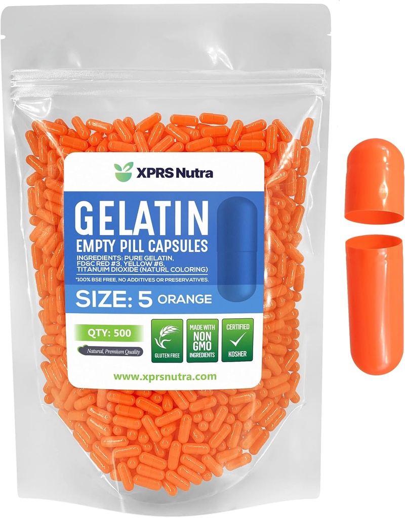 XPRS Nutra Size 5 Empty Capsules - 500 Count Very Small Empty Gelatin Capsules - Pills DIY Capsule Filling - Fillable Pill Gel Caps for Do-It-Yourself Vitamin Supplements (Orange)