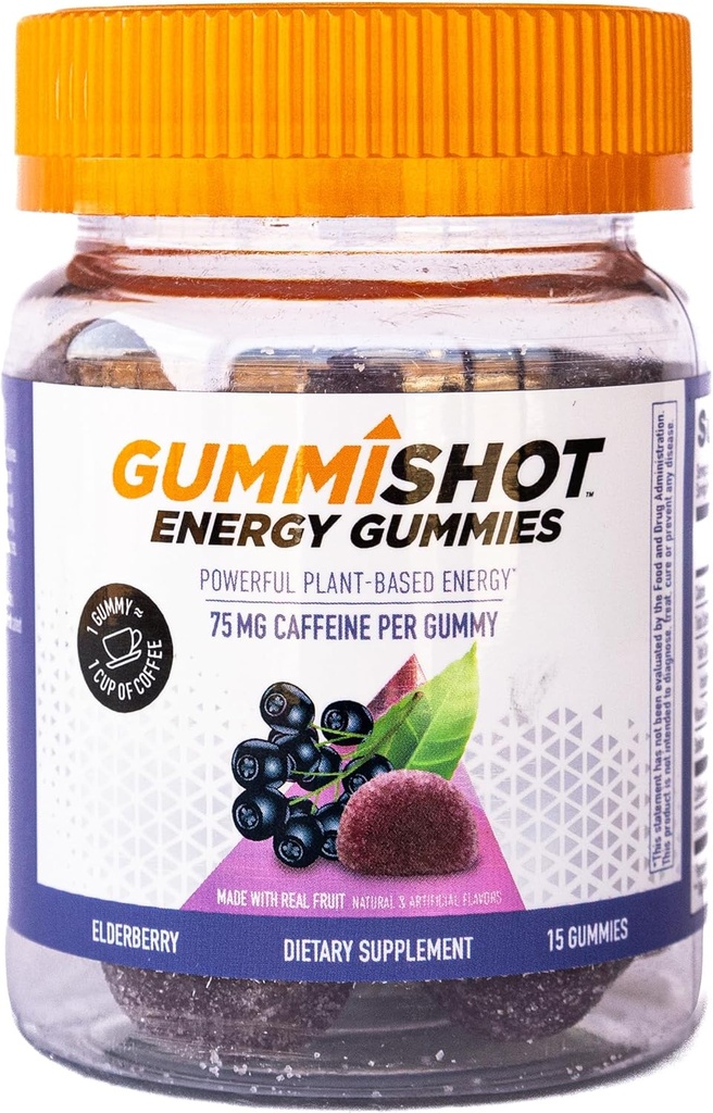 GummiShot Energy Gummis, 1125 mg pflanzenbasierte Koffein-Käse pro Flasche, lang anhaltende Energie-Booster, Elderberry (15ct)