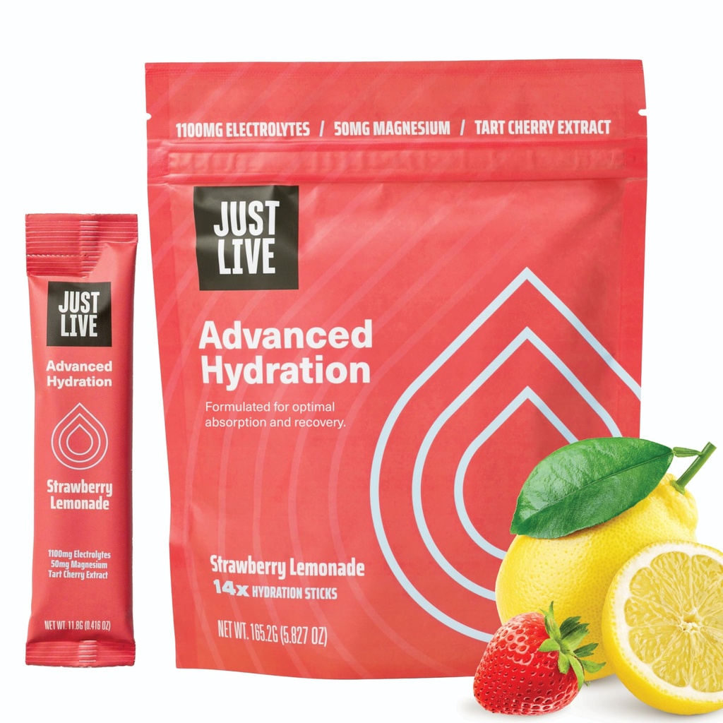 Nur Live Advanced Hydration - Erdbeer-Lemonade, Elektrolyt-Getränk-Mix, Tart Cherry-Extrakt, unterstützt Erholung & Absorption, Low Sugar, 14 Pack