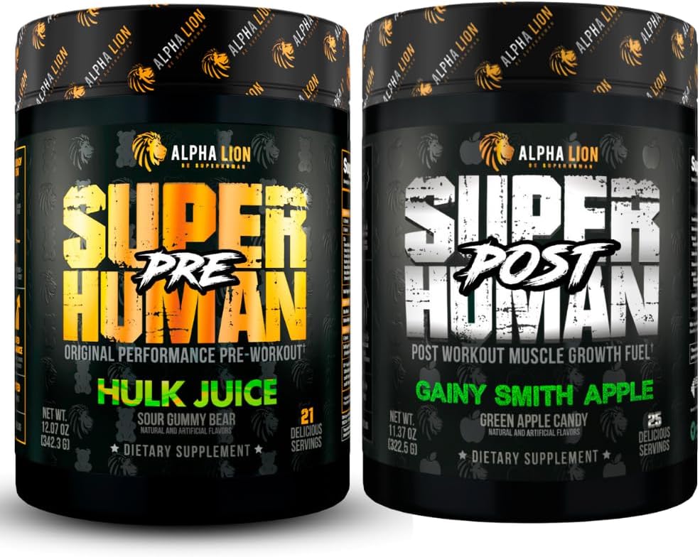 ALPHA LION Superhuman Pre Workout Powder & Post Workout Recovery Bundle, Sustained Energy & Focus + Lean Muskelwachstum, Stärke & Volumen (Hulk Juice & Gainy Smith Apple)