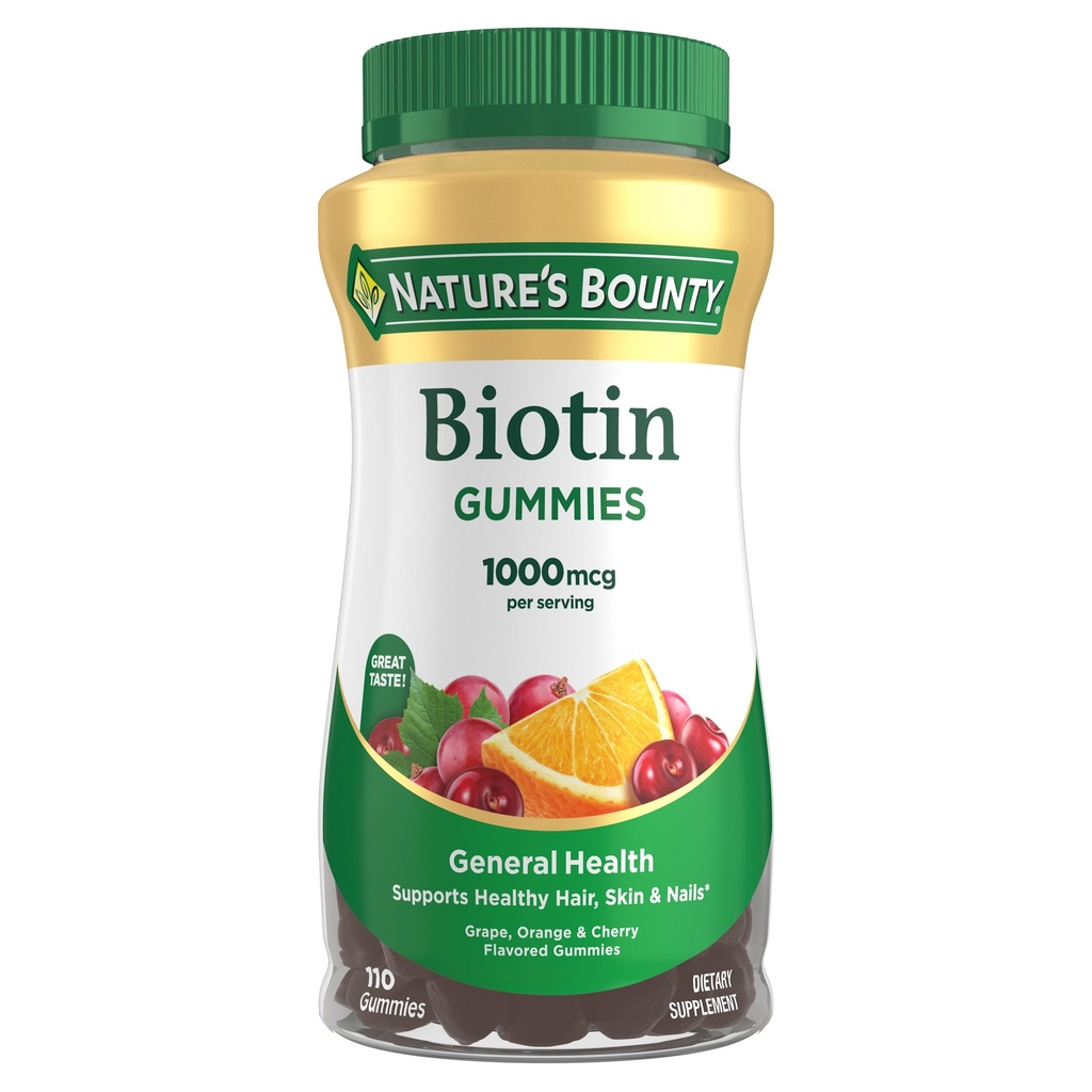 Natur Bounty Biotin Gummy, Vitamin-Ergänzung, Unterstützt gesundes Haar, Haut und Nägel, Frucht-Flamoured-Gummi, 1000 mcg, 110 Count