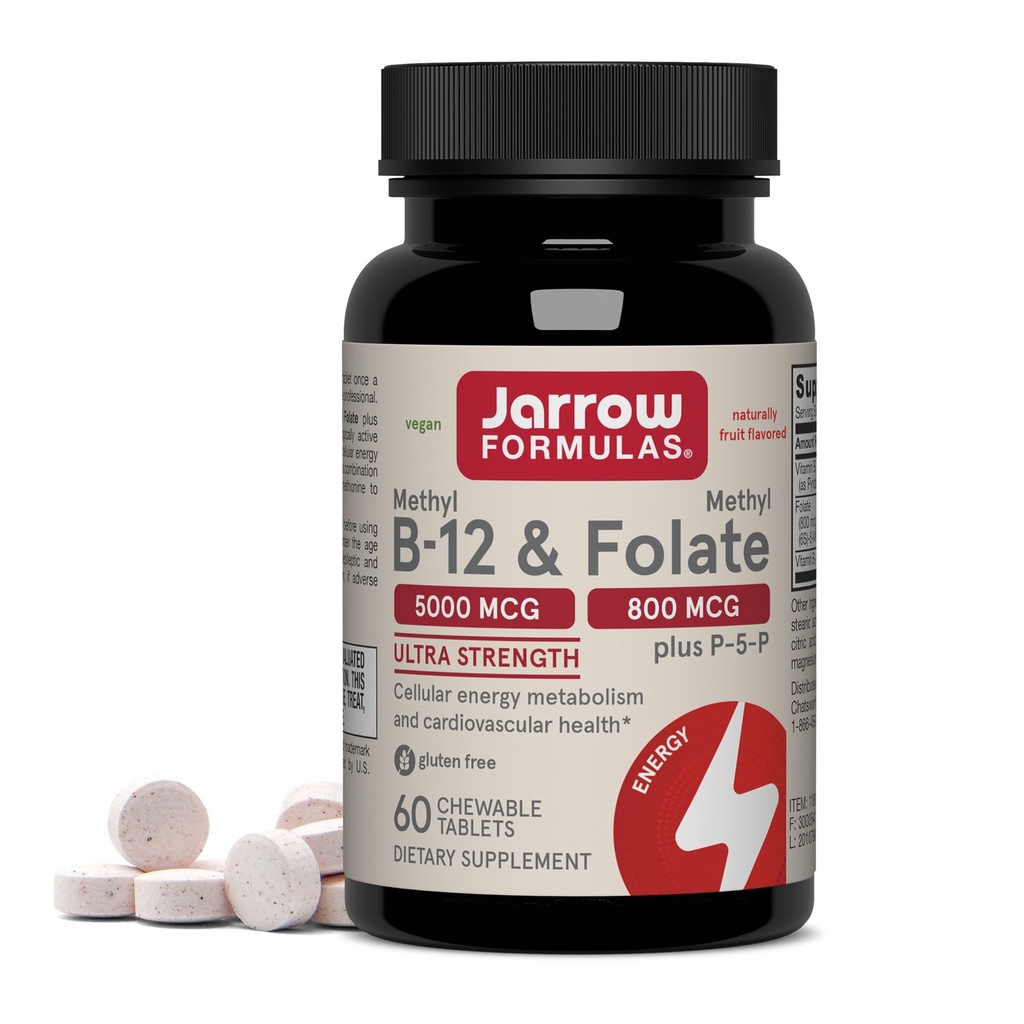 Jarrow Formulas Methyl B-12 & Methyl Folate - 60 Kautabletten, Kirsche - Bioaktives Vitamin B12 & B9 - Unterstützt Energieproduktion, Gehirnfunktion & Stoffwechsel - Glutenfrei - 60 Portionen