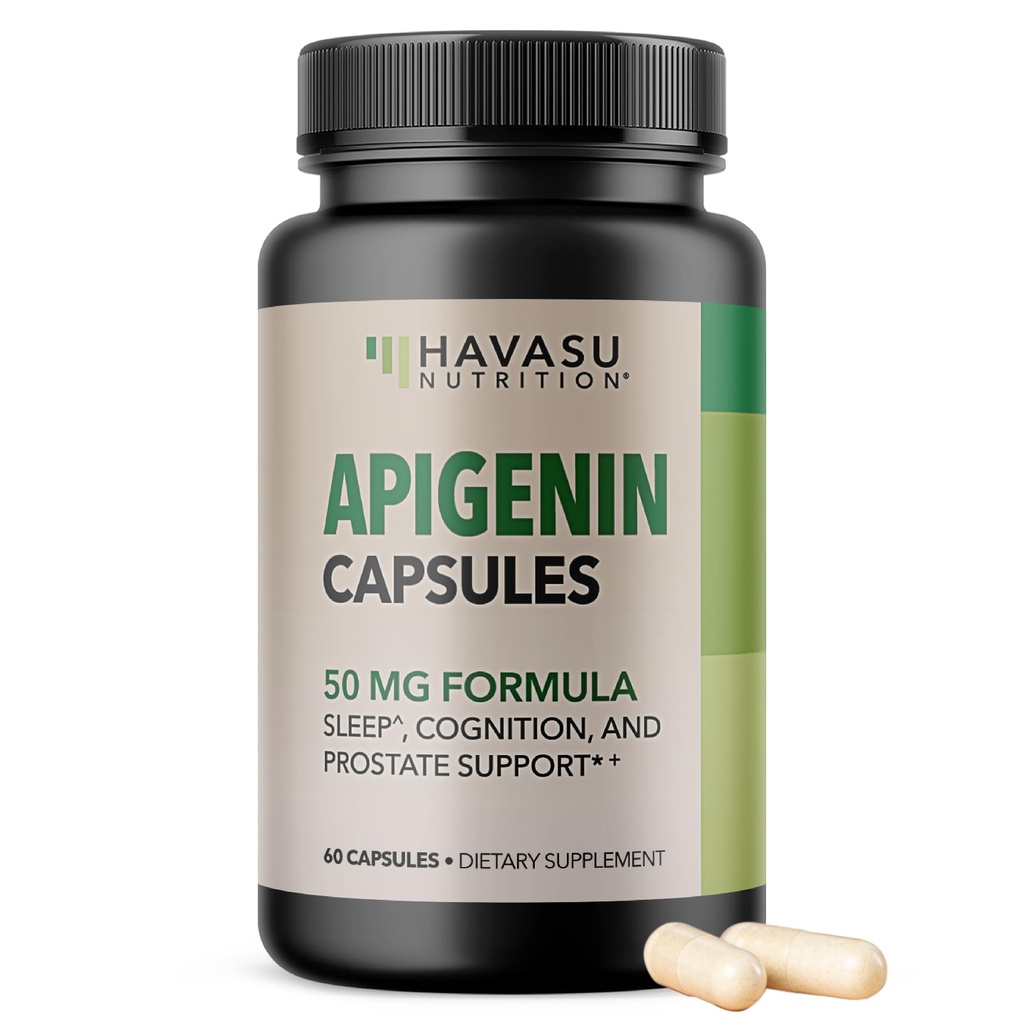 Apigenin Capsules 50mg - 60 Comte, Végétalien, Non-OGM, Supplément Sleep & Cognitive Support - Camomille Flavonoïde pour la relaxation, la santé de la prostate, sans mélatonine, formule liposomique pour l'absorption accrue