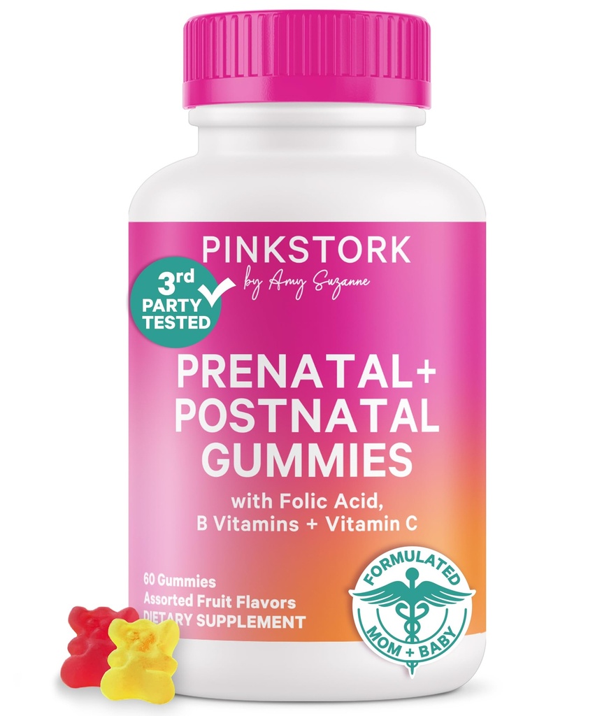 Fécondité de la Storque Rose + Vitamines Gommy prénatales + Vitamines Gommy postnatales – Soutien à la maternité complète – Multivitamines avec folate, vitamine B, zinc et biotine – 60 Gommies de fruits assorties