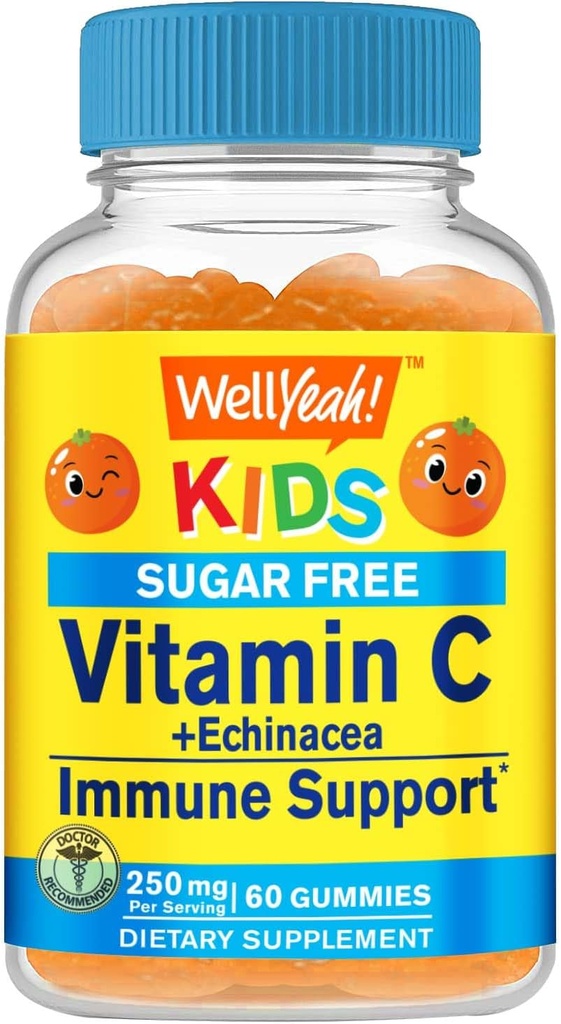 Wellja Echinacea (5 mg) mit Vitamin C (250 mg) Zuckerfreie Gummi für KindermunImmununterstützungsergänzung | Orange Flavor | 60 Count