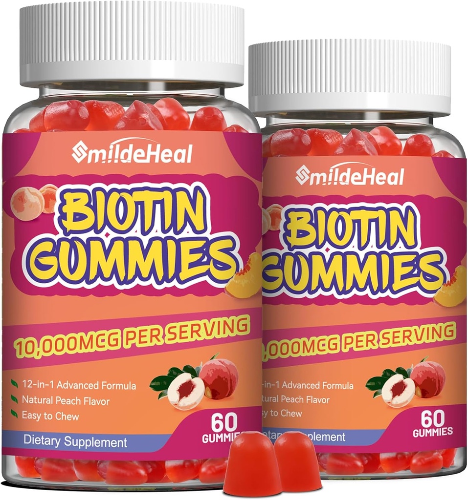 2 Pack Biotin Gummis für Haarwachstum 10000 mcg, Haar Haut und Nägel Gummy mit Folsäure, Vitamine A, B, C, E & D, Vegan Biotin Vitamine für Frauen & Männer, 120 Gummie