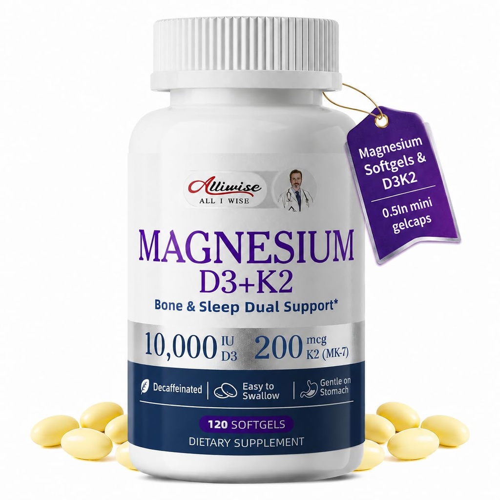 Magnesium Glycinate 400mg Softgels,kleine, glatte Kapseln, Gentle on Stomach,mit Vitamin D3 & K2 für Schlaf,Relax,Muscle,Bone Health