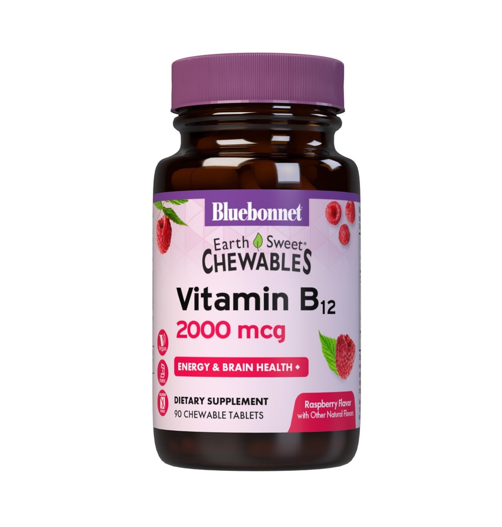BlueBonnet Nutrition Earth Sweet Vitamin B12 2000 mcg Kautabletten, Sojafrei, Glutenfrei, Kosher Certified, Dairy-Free, Vegan, Himbeer Flavored, 90 Kautabletten, 90 Servierungen