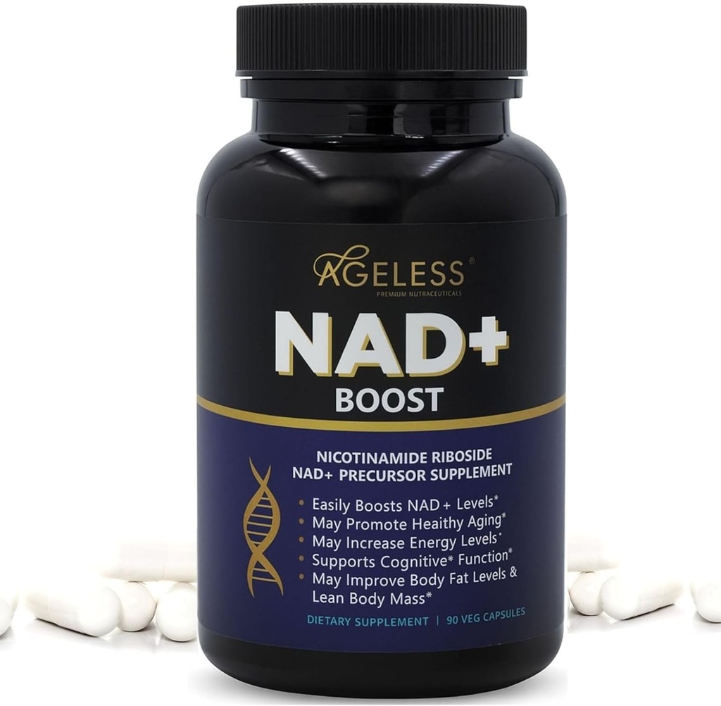 Alterlose NAD+ Ergänzungen für Frauen & Männer | 300mg Nicotinamid Riboside Chloride | Nahrungsergänzungsmittel für Anti-Aging | Unterstützt Energie, Fokus, Stamina, Fette Stoffwechsel & Kognitive Funktion – 90 Kapseln