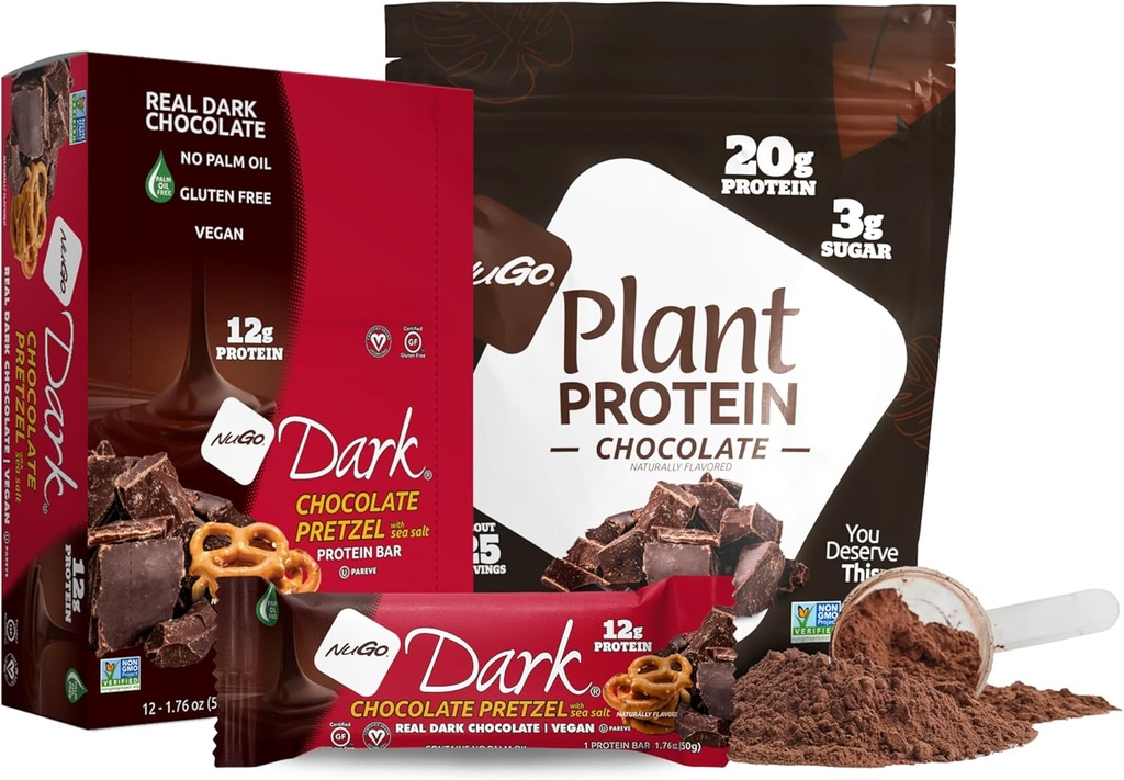 NuGo Dark Chocolate Pretzel w/SS, 12g Vegan Protein, Glutenfrei, Kosher Pareve, Non-GMO, 12 Graf und NuGo Pflanzenproteinpulver, Schokolade, 20g Protein, 3g Zucker, 25 Portionen