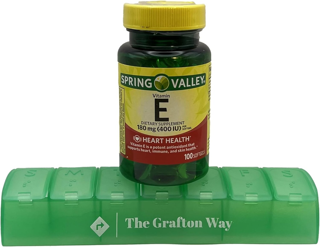 Supplément alimentaire à la vitamine E de Spring Valley, 180 mg, 100 Compter avec un organisateur gratuit de pilules Grafton Way