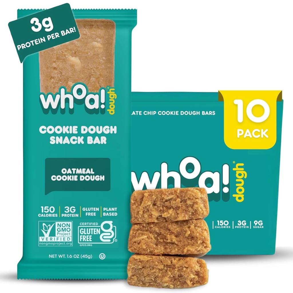 Whoa Dough Edible Cookie Dough Bars- Certified Non-GMO, Kosher und Gluten Free Bars - Gesunde Snack-Lebensmittel - Pflanzenbasierte Snacks mit echten Zutaten hergestellt - Oatmeal Cookie Dough - 10 Pack
