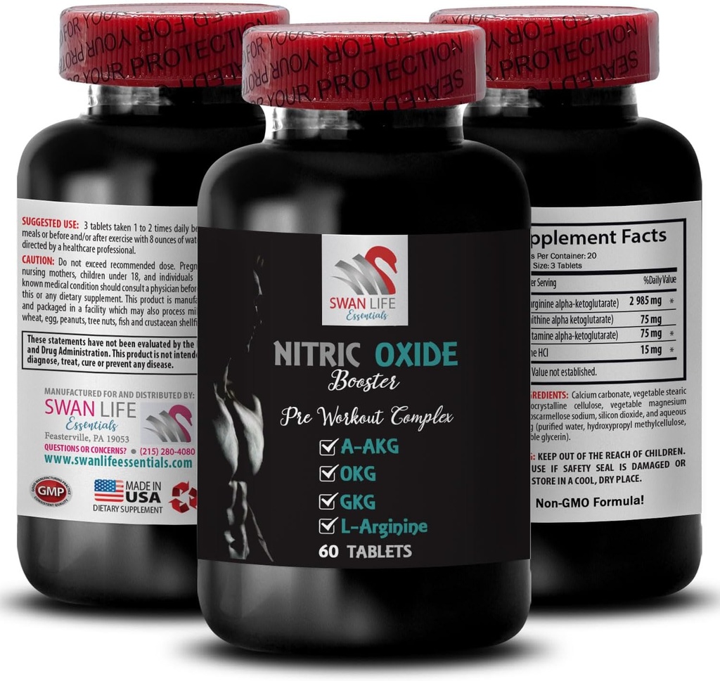 A-AKG - OXYDE NITRIQUE BOOSTER - suppléments d'oxyde nitrique pour les hommes, énergie d'exercice, puissance de pompe, formule de fitness, formule d'endurance, concentration de performance, mélange d'énergie, stimulation de puissance 1 bouteille 60 comprimés