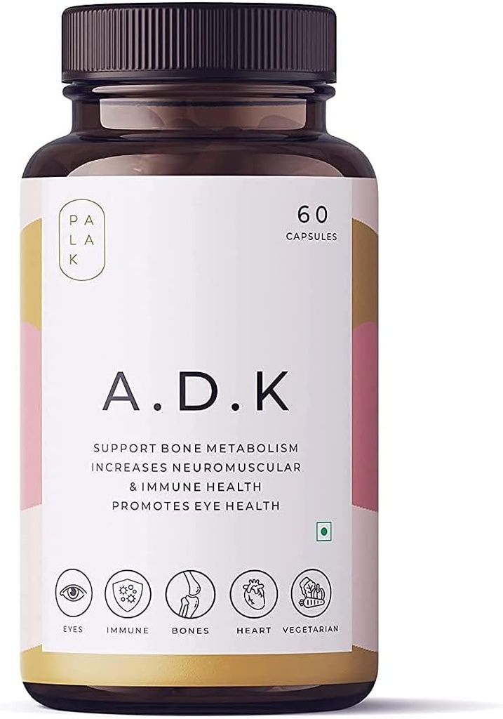 A.K. Palak Remarques Nouveau A.D.K. (ADK) Vitamine A, D3 et K2 (Améliorateur d'immunité - Force osseuse - Santé oculaire) 30/60 Capsules (60)