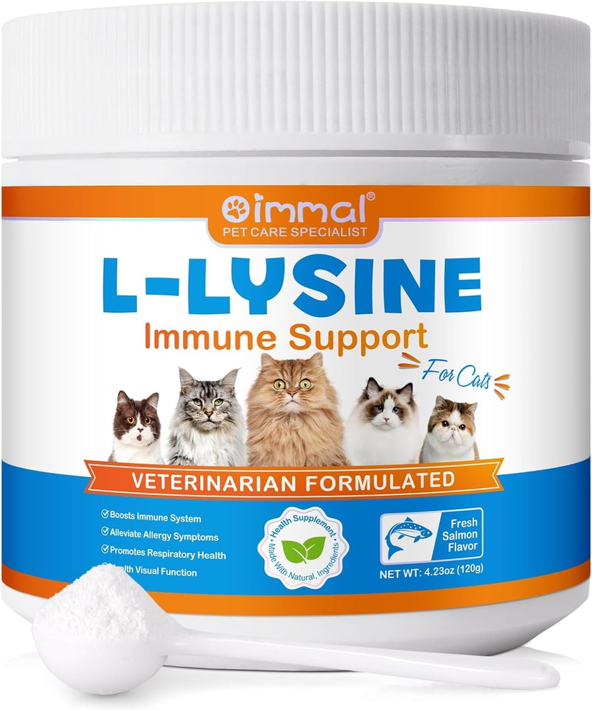 Poudre de L-Lysine pour chats, supplément de Lysine pour chats, système immunitaire de soutien, santé respiratoire et fonctions visuelles et anti-allergie, animaux de compagnie fournitures de santé multivitamines, parfum de saumon - 4,23 oz / 120g
