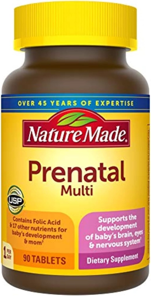 Nature Made Prenatal Multi, 90 Tabletten, Folsäure + 17 Pränatale Vitamine & Mineralstoffe zur Unterstützung der Baby-Entwicklung und Mutter, Vitamin D3, Calcium, Eisen, Jod, Vitamin C und mehr (Pack von 3)