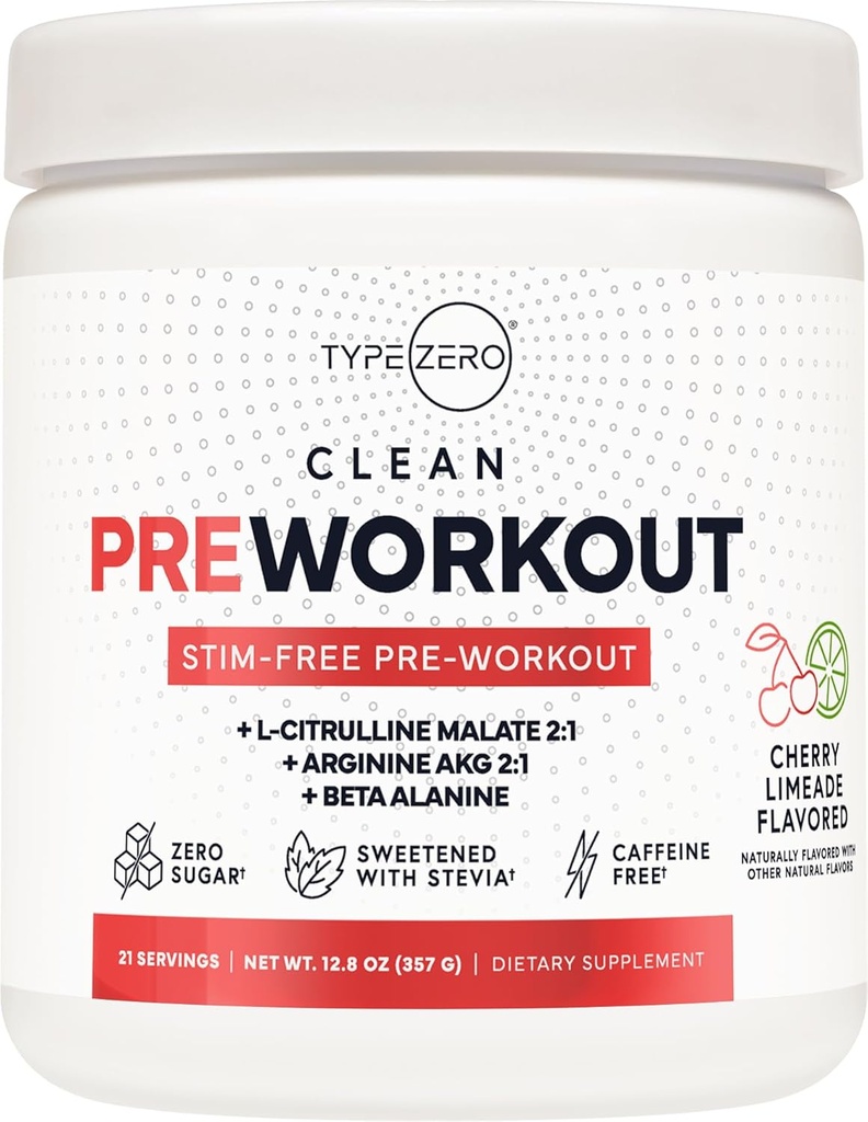 Typ Zero Ultra Clean Stim Free Pump Pre Workout + Nitric Oxide Booster (Cherry Limeade) - Nicht stimulierend und Koffeinfrei für Männer und Frauen