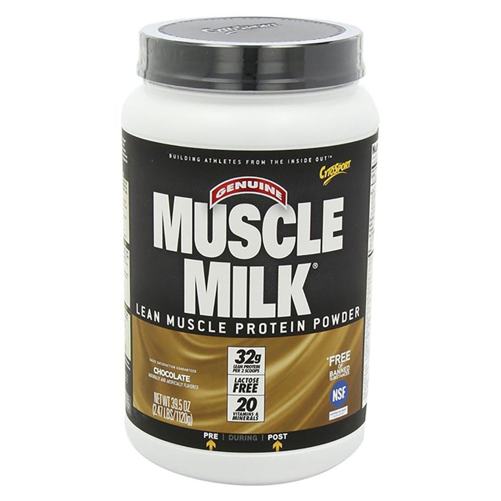 Muscle Milk Genuine Protein Powder, Chocolate, 2.47 Pound, 16 Servierungen, 32g Protein, 3g Zucker, Calcium, Vitamine A, C & D, NSF zertifiziert für Sport, Energizing Snack, Packaging May Vary