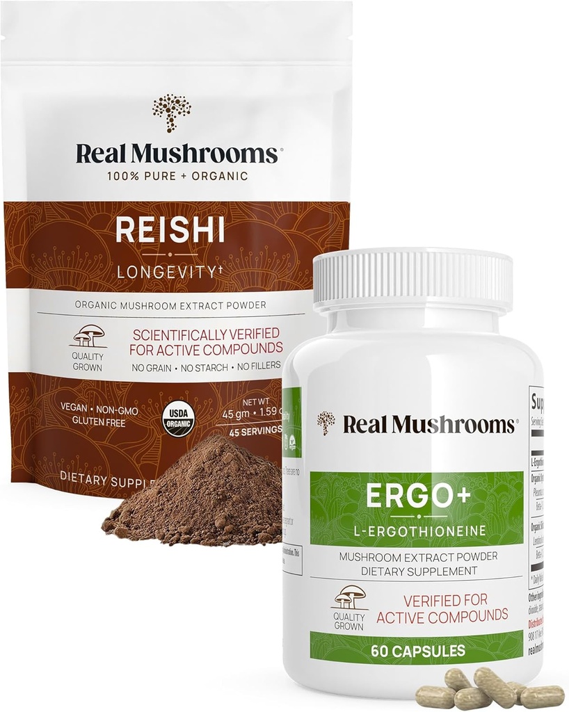 Véritables champignons Ergothioneine (60ct) et Reishi poudre biologique (45 portions) Ensemble avec extraits de champignons Shiitake et Oyster - Longévité et relaxation - Vegan, sans gluten, non-OGM