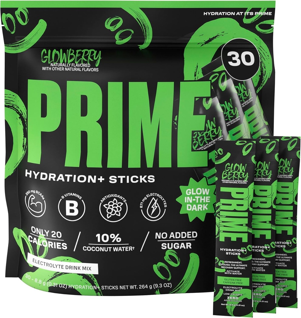 PRIME HYDRATION+ Sticks GLOWBERRY | Hydration Pulver Single Serve Sticks | Elektrolyt Pulver auf dem Go | Low Sugar | Caffeine-Free | Vegan | 30 Sticks