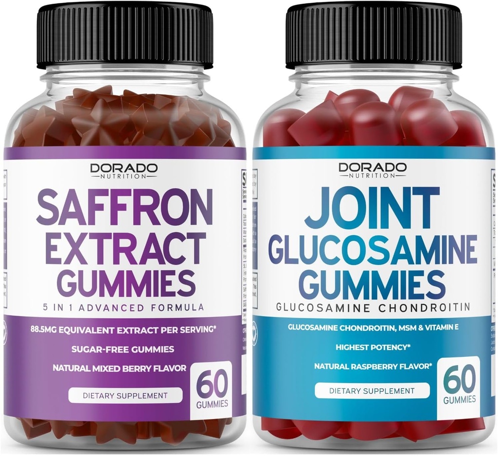Saffron (60 Gummies) Premium 5 in 1 Erweiterte Formel - Delicious Raspberry Flavor und Glucosamine Chondroitin Joint Supplement (60 Count) Joint Supplements für Männer und Frauen - Vegan Safe & Made in USA