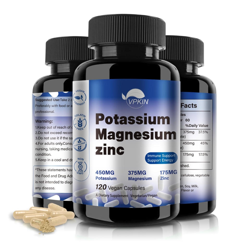 Kalium Magnesium Supplement 1000mg, Magnesium Kalium Zink Aspartat Unterstützung Gefäß, Knochen, Herz, Muskel und Nerven Gesundheit, Non-GMO, Vegan, (120 Kapseln)