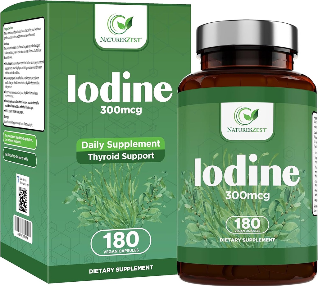 Supplément d'iode - 180 capsules, 180 jours de supplément – supplément de soutien thyroïdien – 300 mcg d'iode pure par gélule – formule thyroïdienne, pour une fonction thyroïdienne normale – Iodide de potassium – supplément d'iode végétalien
