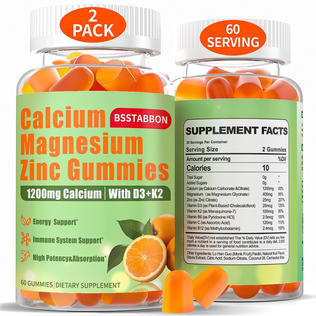 Calcium Magnésium Zinc Gommies pour Adulte: 1200mg Calcium Citrate 400mg Magnésium Glycinate avec D3 B12 - Supplément sans sucre haute absorption pour les femmes hommes (60 comte(paquet de 2))