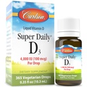 Carlson Super Daily D3 4 000 UI (100 mcg), Santé du coeur et immunitaire, Dents et forces osseuses, Sans saveur, 365 gouttes