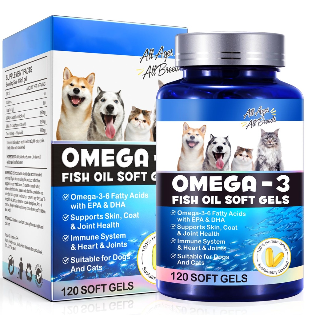 Omega-3 Fischöl für Hunde, Omega 3 Fischöl mit EPA & DHA unterstützt Hunde Saisonale Allergien Relief, Boosts Immune Function, Itch Skin Relief & Promote Coat Gesundheit, Pet Supplements - 120 Soft Gels