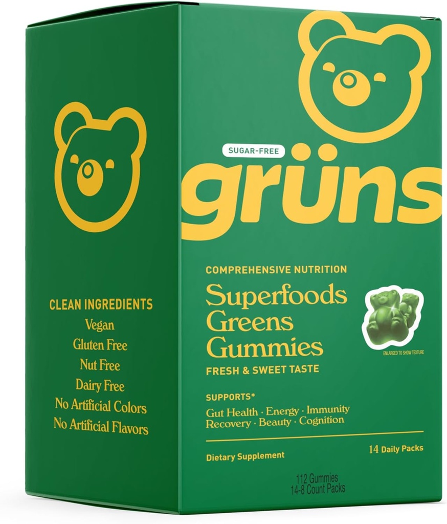 Grüns Sugar Free Super Greens Gummy Bears - Bio Spirulina und Chlorella, Präbiotika für Verdauungsgesundheit, 20+ Vitamine und Mineralien, Adaptogene - 14 Beutel - 112 Gummie