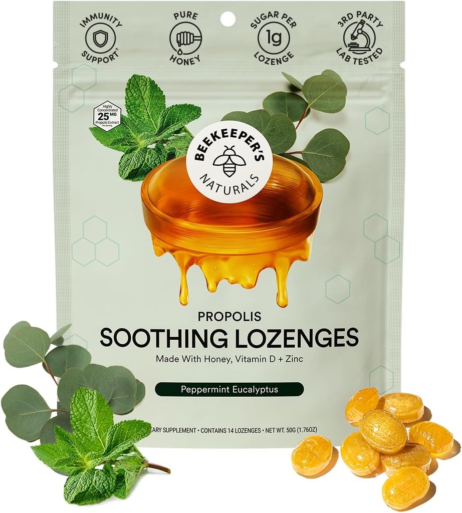 Beekeeper's Naturals Beruhigende Mint Eucalyptus Cough Drops, Immununterstützung mit Vitamin D, Zink und Propolis, Kühlen & Throat Beruhigende Lozenges, 14 Ct