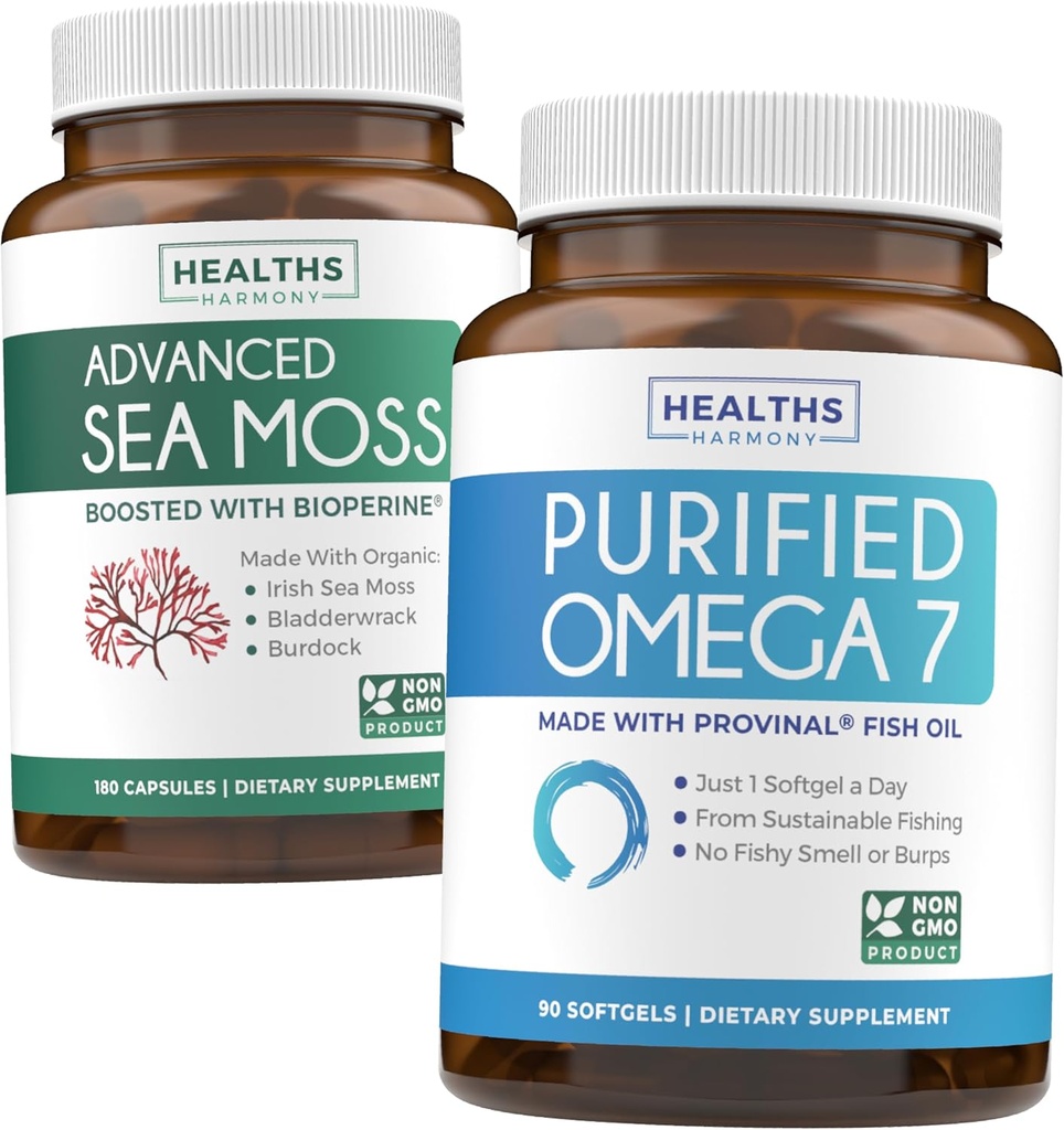 Irish Sea Moss & Omega 7 (3-Monats-Versorgung) Sea Omega Combo Bundle - Organic Irish Sea Moss - Raw Vegan Supplement (180 Caps) & Omega 7 Softgels - Provinal Sustainable Peruvian Anchovy Fish Oil -90 Caps
