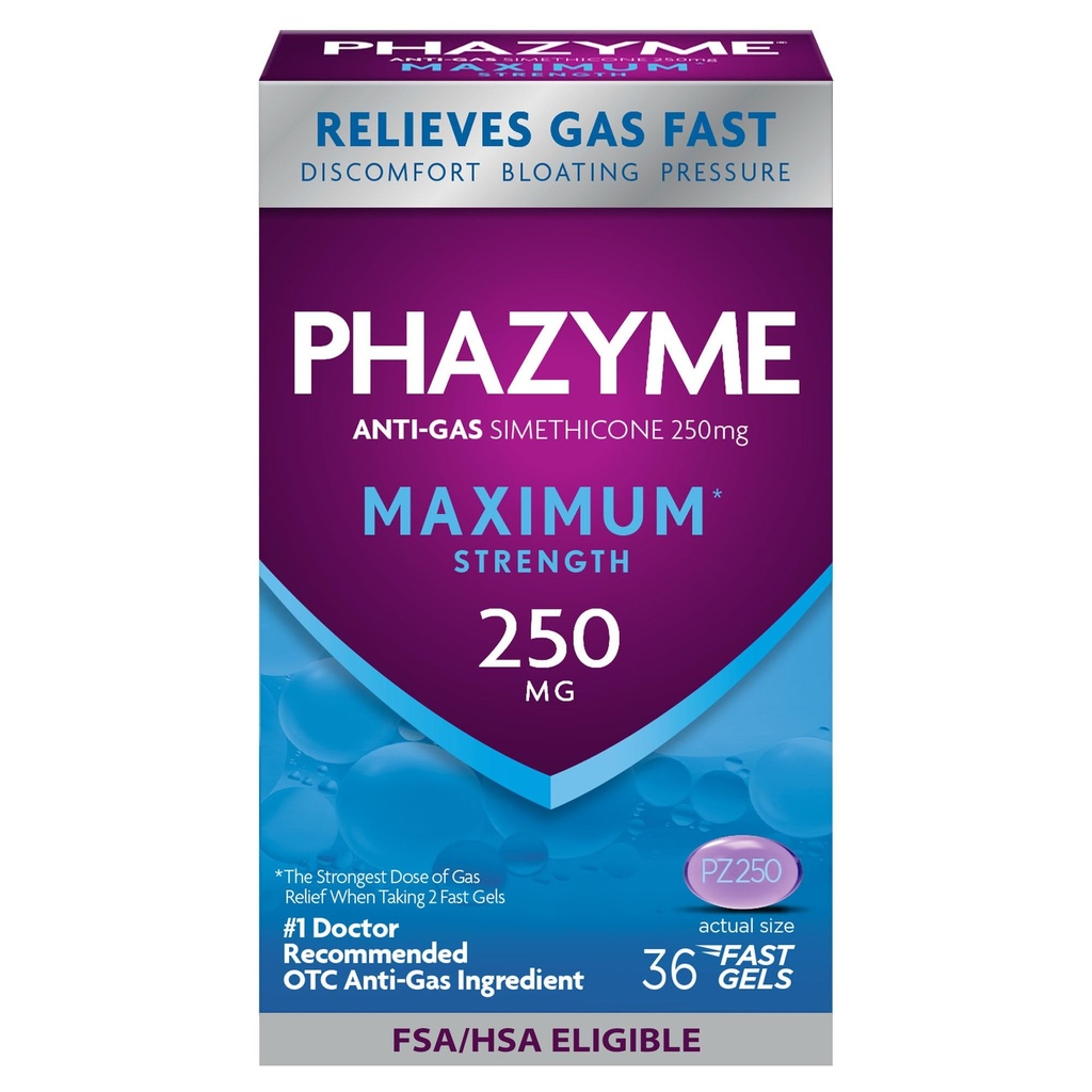 Phazyme Maximum* Strength Anti-Gas 250 mg Simethicone Gas Relief for Adults, Fast Gels Quickly Ease Bloating, Pressure & Discomfort, 36 Count