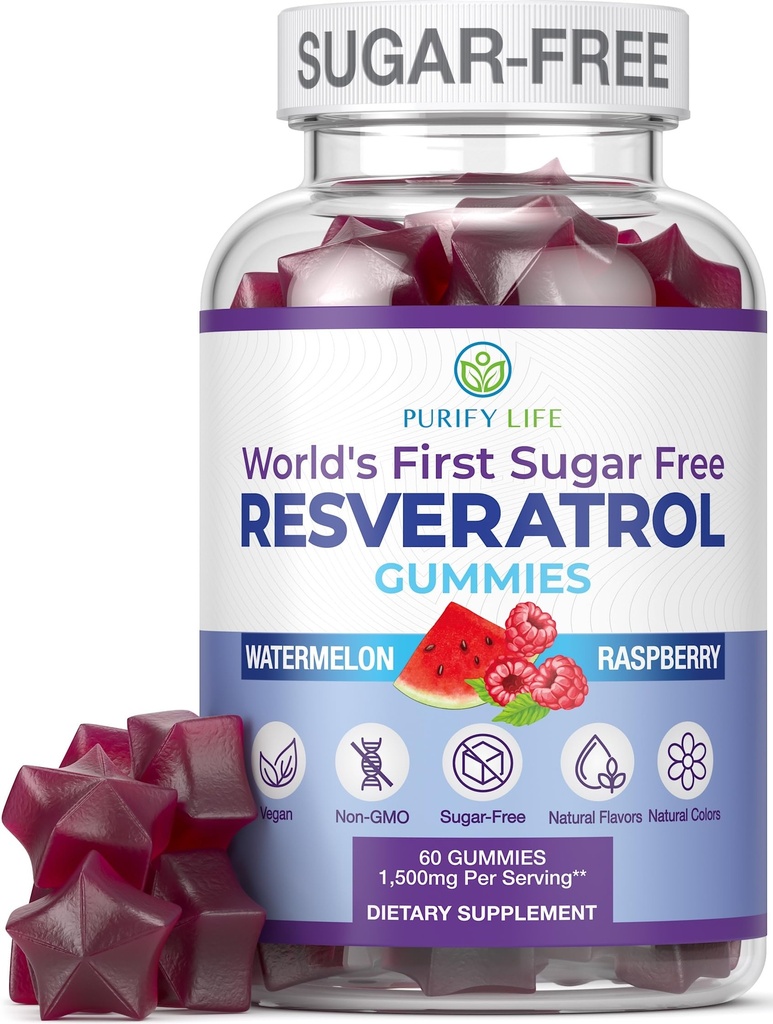 Résvératrol sans sucre Gummies - Potent Anti-Aging Antioxydant - Supplément Resvératrol pour soutenir la santé digestive et immunitaire - Herbe naturelle pour la croissance cellulaire et la réparation - Easy Chewable NMN Alternative