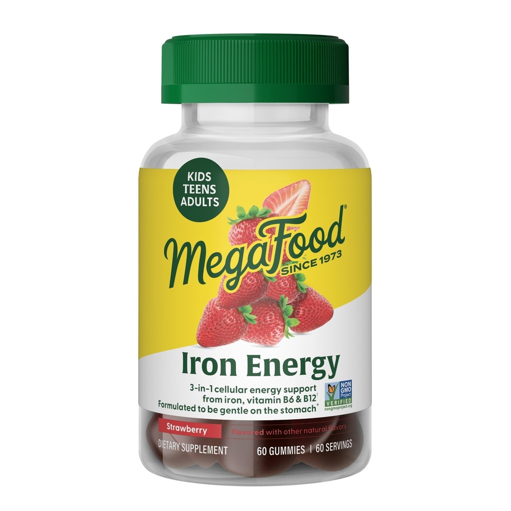 Megafood Iron Energy Gummis, Eisen Ergänzung für Frauen, Männer, Teens & Kinder mit Vitamin B12 & B6, Vitamine, von den Erbauern der Blut Builder Supplement, Erdbeer Flavor, 60 Zähler