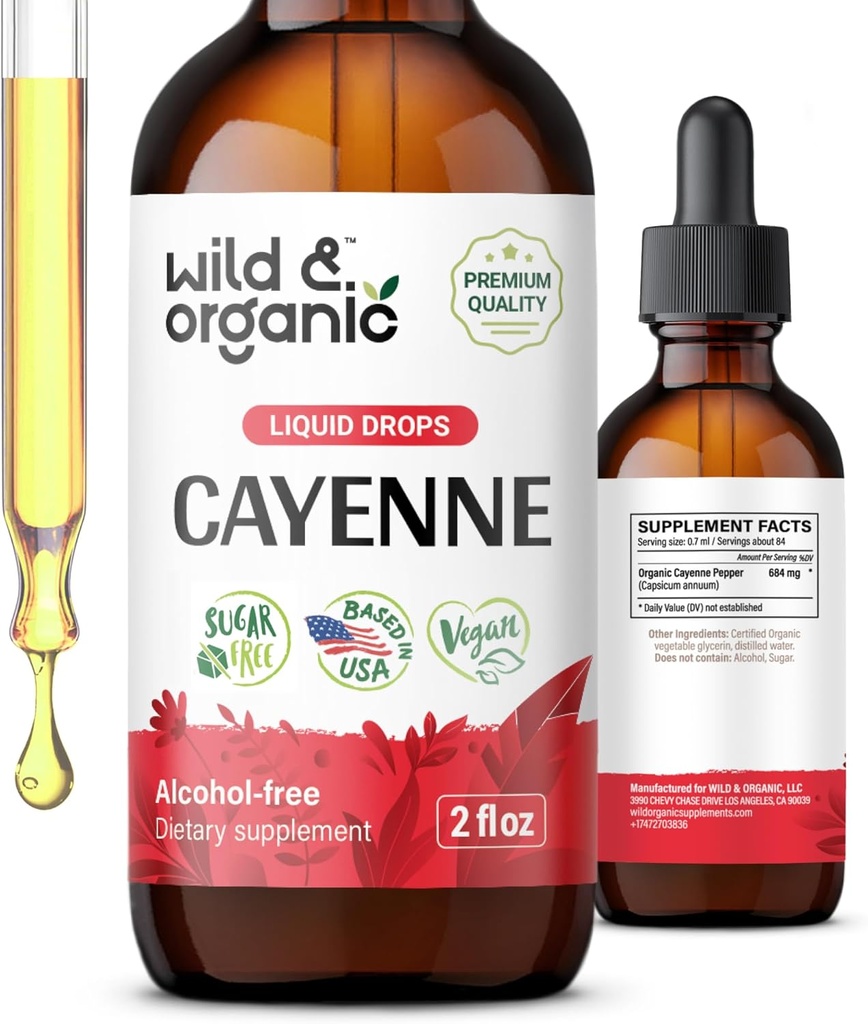 Wild & Organic Cayenne Pfeffer Tincture - Capsaicin Ergänzungen für Verdauungsunterstützung - Cayenne Pfeffer Extrakt Flüssigkeit - Vegan, Alkoholfreie Tropfen - 2 fl oz