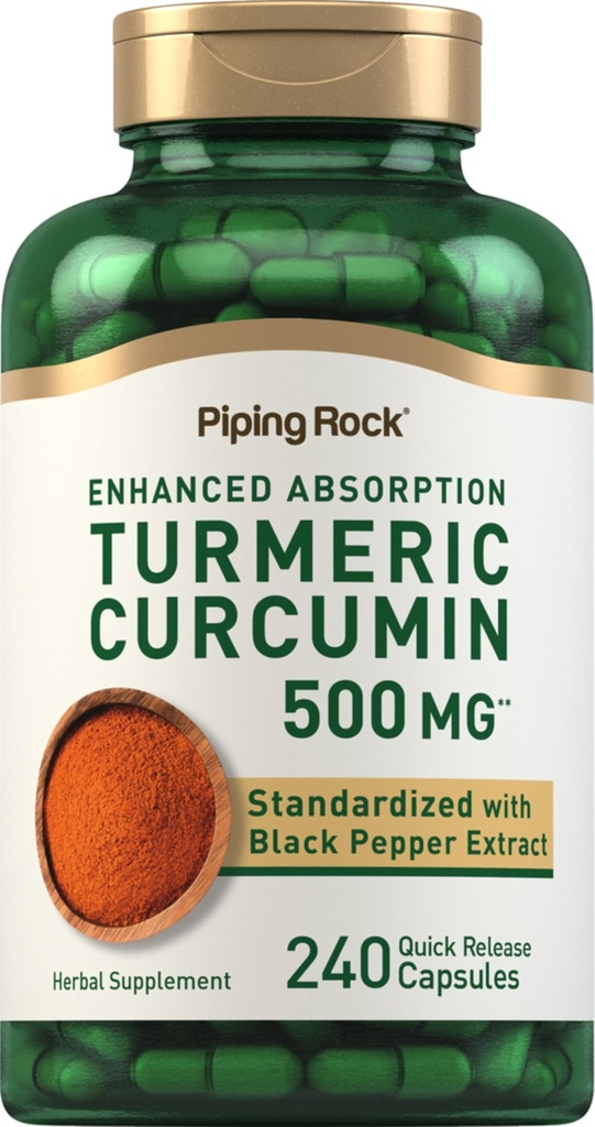 Piping Rock Turmeric Curcumin Supplement 500 mg | 240 Kapseln | mit schwarzem Pfeffer | Standardisiert Complex Extract | Non-GMO, Glutenfrei