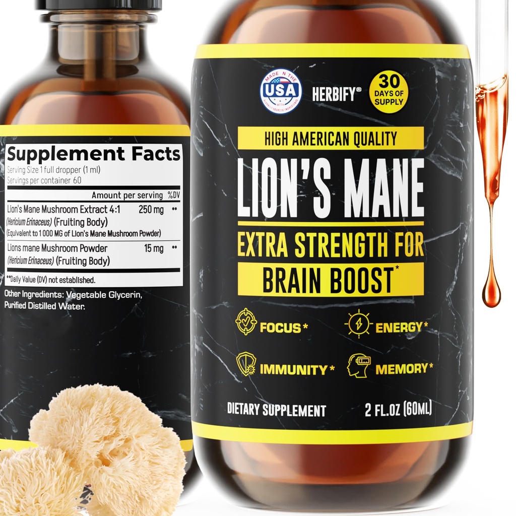 HERBIFY Lions Mane Supplement - Daily Mushroom Supplement for Memory, Focus & Clarity - Brain Booster - Lions Mane Tincture für Immununterstützung - 2 Fl oz