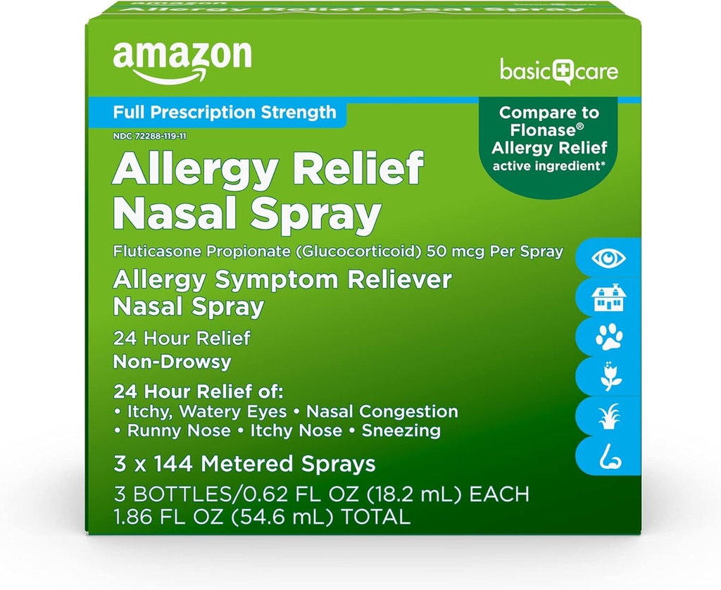Basic Care 24-Hour Allergy Relief Nasenspray, Fluticasone Propionat (Glucocorticoid) 50 mcg, Volle Rezeptstärke, Nicht-Drowsy, 0.62 fl oz (Pack von 3)