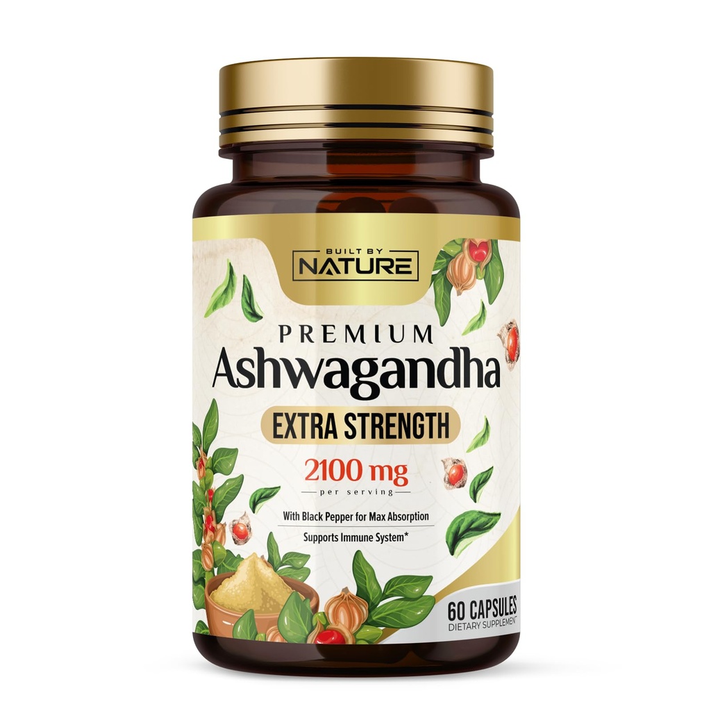 Erbaut von Nature Ashwagandha 2100mg Extra Strength Stress Relief & Stimmung Unterstützung mit schwarzem Pfeffer Extrakt für Max Absorption - Non-GMO, Vegan, Gluten-Free - 60 Kapseln