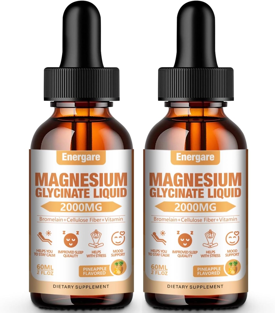 2 Pack 2000MG Magnesium Glycinate Liquid Drops Supplement for Kids & Adults - Cellulose Fiber, Bromelain, Vitamin B6, C, D, Zinc - Energy, Sleep, Clam, Pineapple Flavor, 4 Fl oz