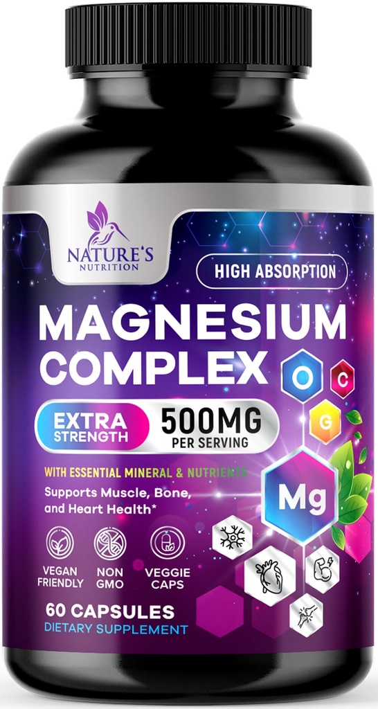 Magnesium Complex Supplement - Magnesium 500 mg Per Serving - 4 in 1 High Absorption Blend - 100% Chelated Magnesium Glycinate with Malate, Citrate & Oxide - Vegan Complex - USA Bottled - 60 Capsules