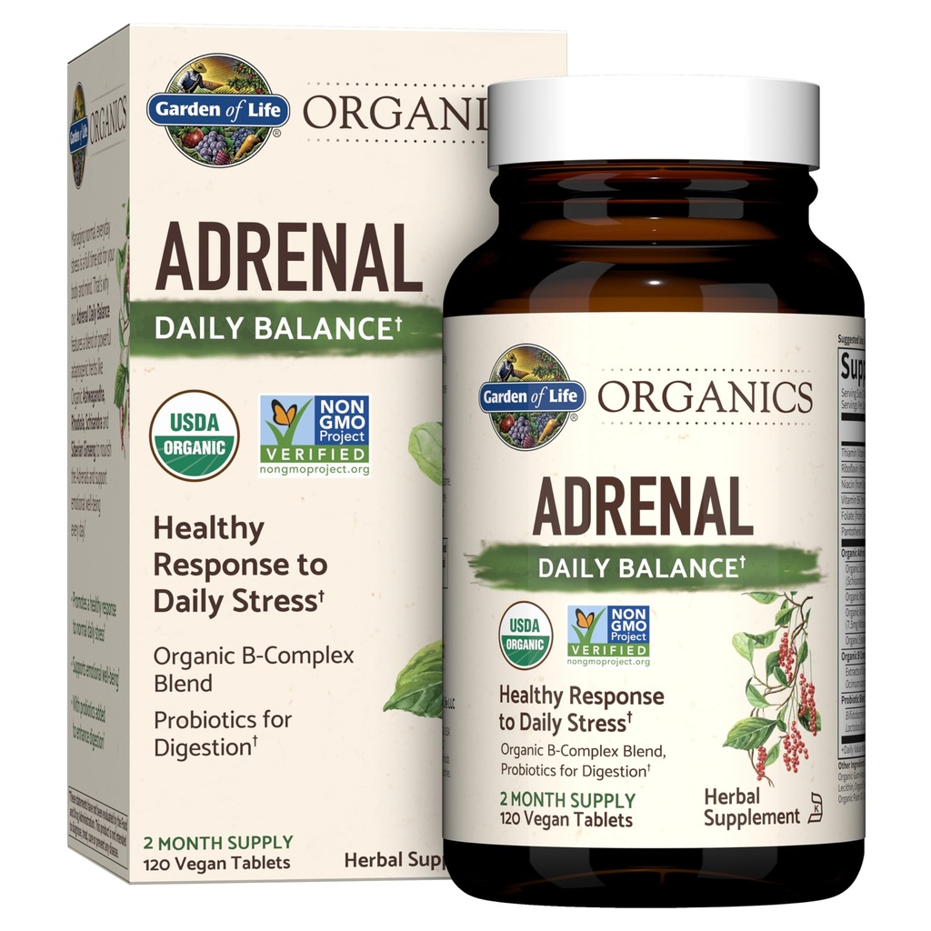 Garten des Lebens Organics Adrenal Daily Balance, Adaptogenic Kräuter Ashwagandha, Heilige Basilikum, B Complex & Probiotics, Organic Non-GMO, Vegan, Gluten Free Supplement, Two Month Supply, 120 Tabletten