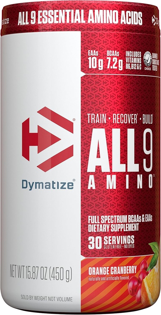 Dymatize All9 Amino, 7,2g BCAAs, 10g Full Spectrum Essential Amino Acids Per Serving for Recovery and Optimal Muscle Protein Synthesis, Orange Cranberry, 30 Servings, 15.87 Ounce