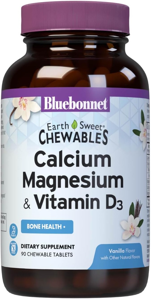 Bluebonnet Nutrition Calcium Magnesium Plus Vitamin D3 Erdnüsse, Knochengesundheit & Muskelentspannung, Sojafrei, Glutenfrei, Kosher Zertifiziert, Dairy-Free, 90 Vanille Flavored Chewable Tablets